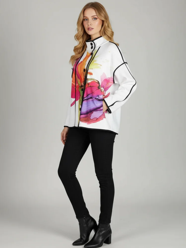 Freeacy 2025 Women\'s Stylish Jackets Floral Printed Split-joint Stand Collar Long Sleeves Loose Coat Buttoned Casual Outerwears