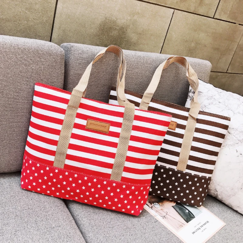 2022 New Style Grid Women Canvas Shoulder Bag Contrast Color Star Stripe Cloth Bag Fashion Bag Korean Casual Bag
