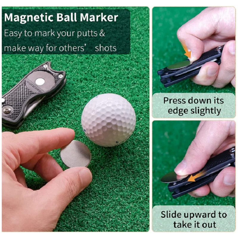 Foldable Golf Divot Repair Tool with Magnetic Ball Marker and Pop-up Button Green Tool Accessories with Metal Fork Tine