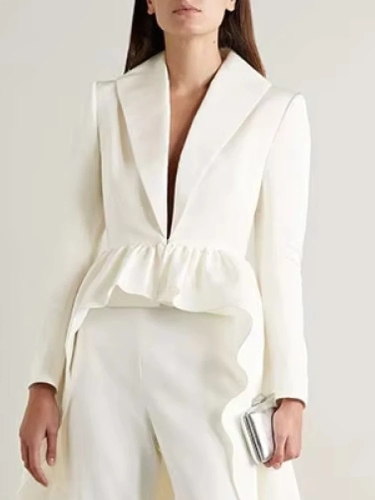 Beautyblue High-Low Wrap Blazer Top White Women's V-Neck Coats New Fashion Solid Color Falbala Pleated Elegant Chic Clothing