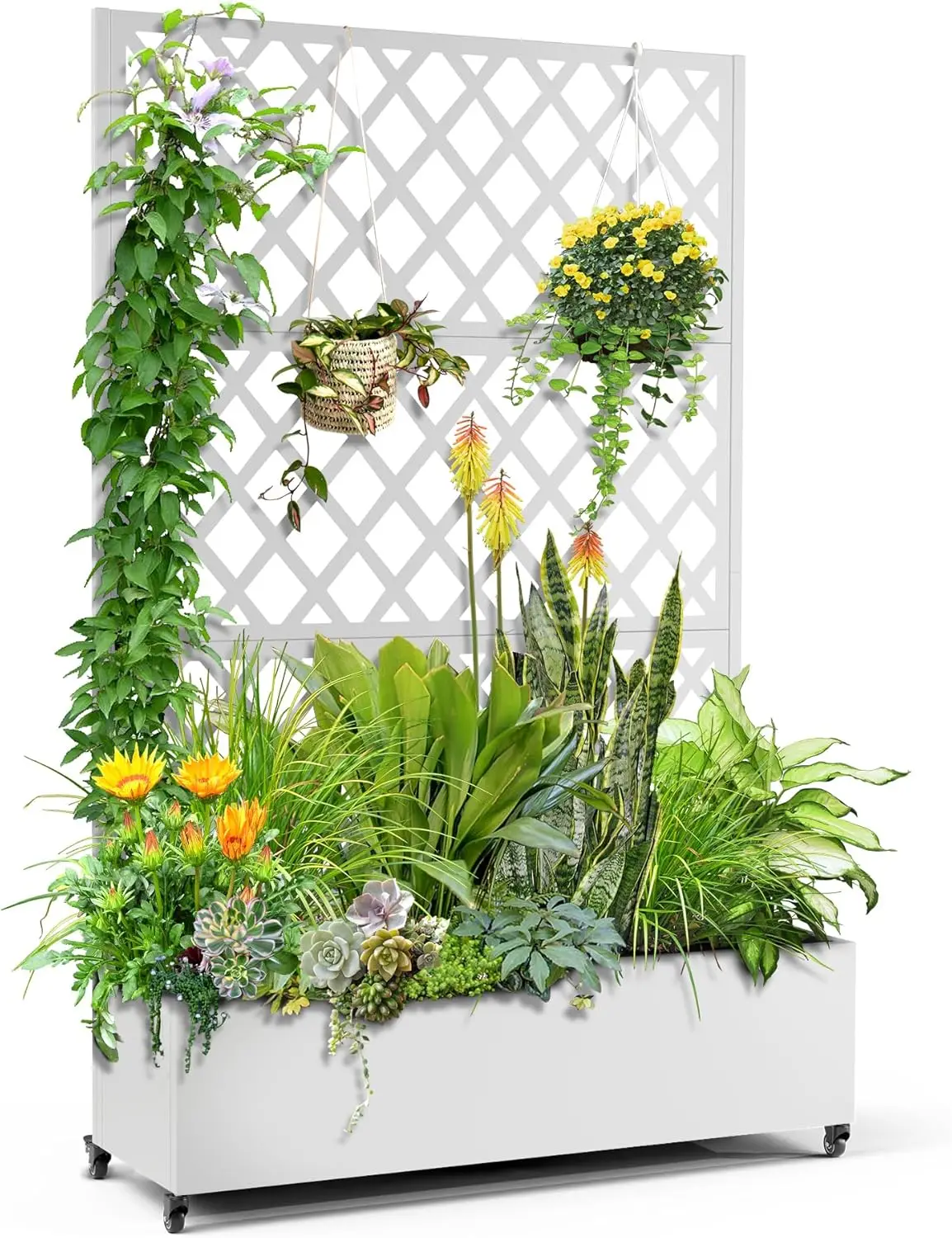 

Metal Planter Box with Diamond Lattice Trellis Planter Box for Climbing Plants/Vines, Galvanized Raised Garden Bed On Wheels, Ga