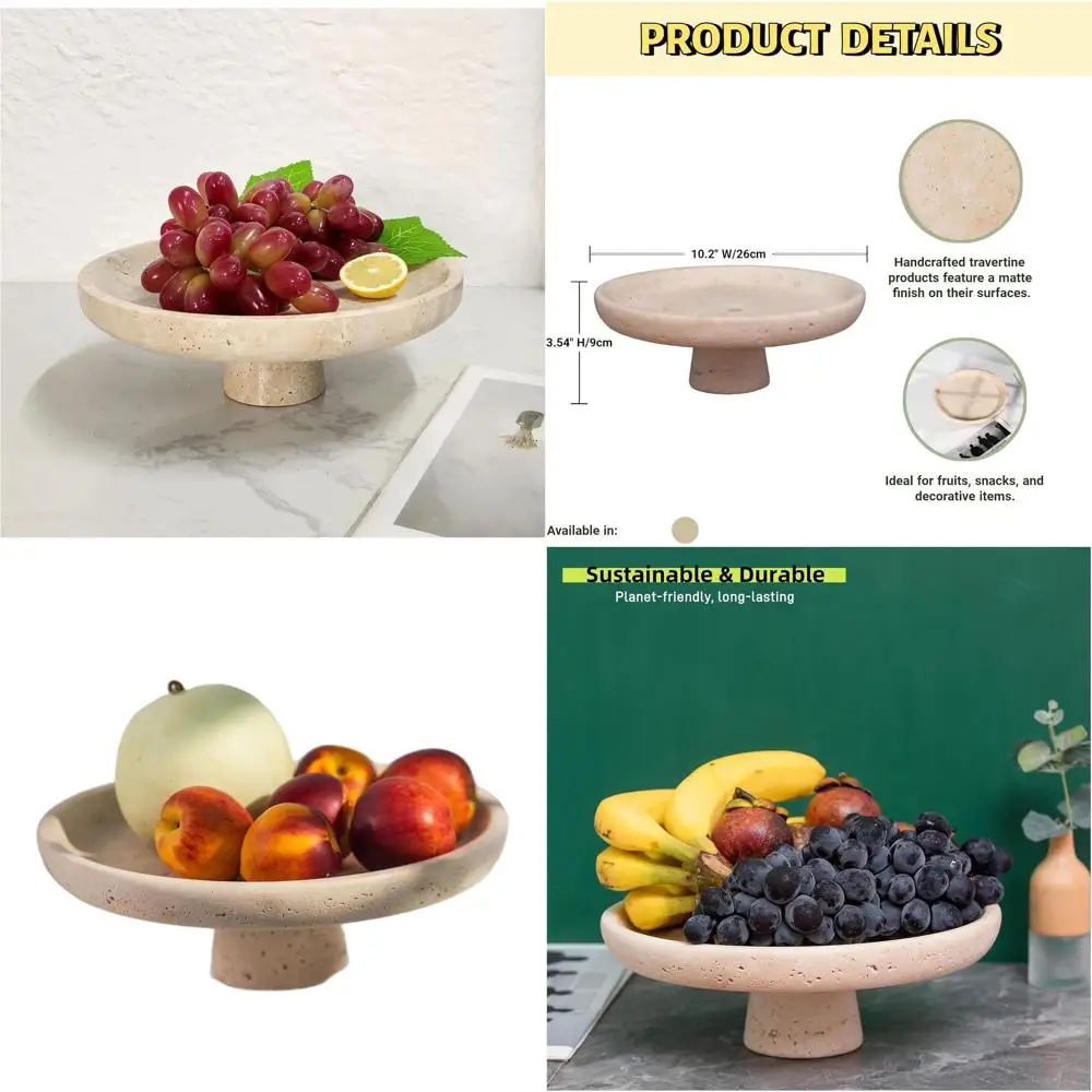 

Large 10.2 Decorative Travertine Fruit Bowl with Pedestal for Kitchen and Dining Table, Ideal for Entryway, Potpourri, and Cente