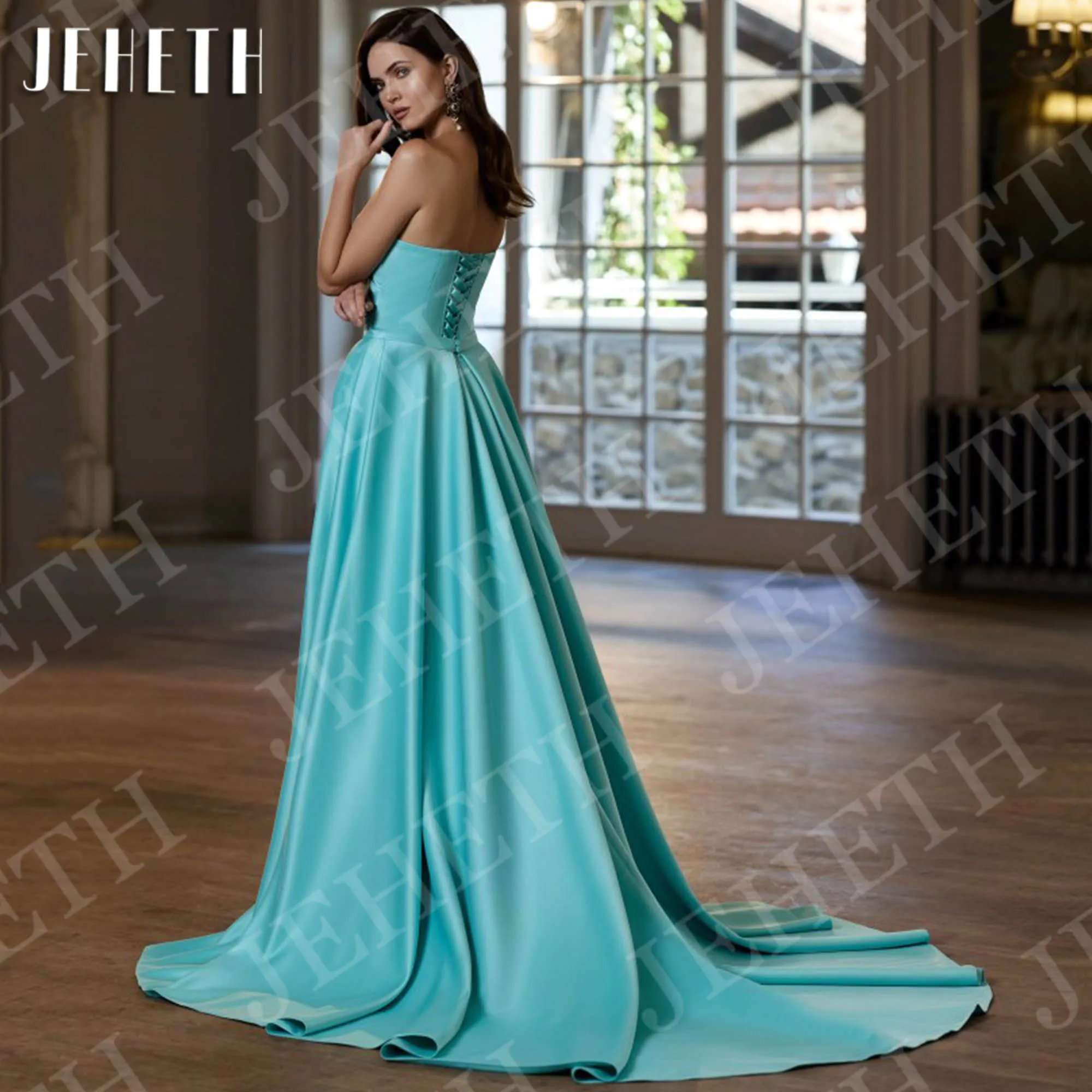 JEHETH Abito da sera elegante Sirena Sexy con spalle scoperte Abiti da ballo principessa con spacco in raso Treno staccabile personalizzato Elegante abito da sera sirena sexy fuori spalla principessa abiti da ballo ras