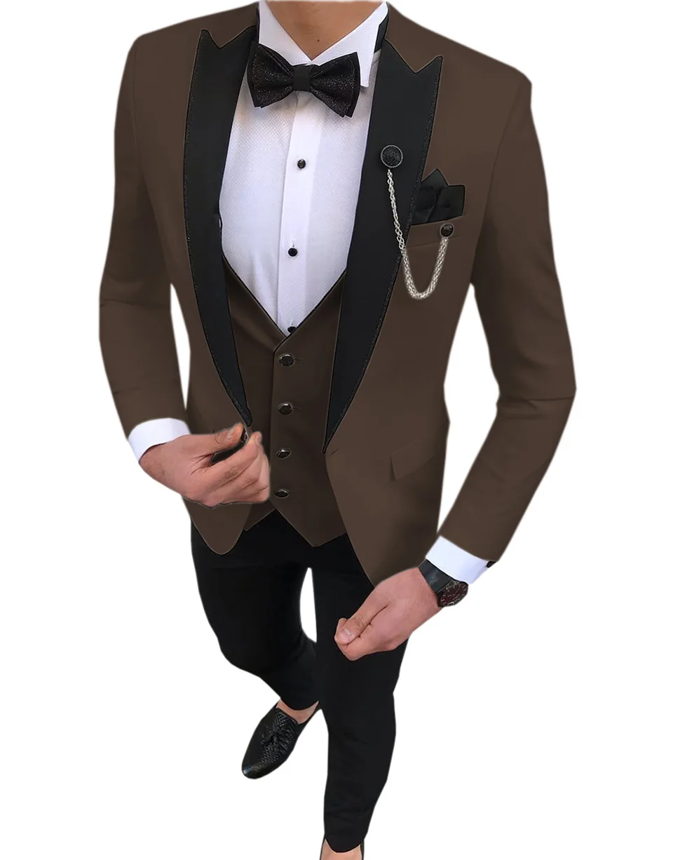 Burgundy Men's Suit Black Lapel One Button Suit Business Wedding Tuxedo Prom Party Casual Suit 3 Piece Blazer + Vest + Pants