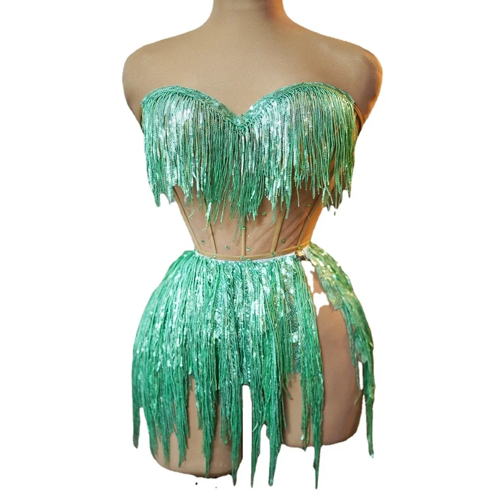 Sexy Sequins Tassels Tube Bandage Top Two Pieces Set for Women Performance Dress Dance Costume Singer Dancer Show Stage Wear