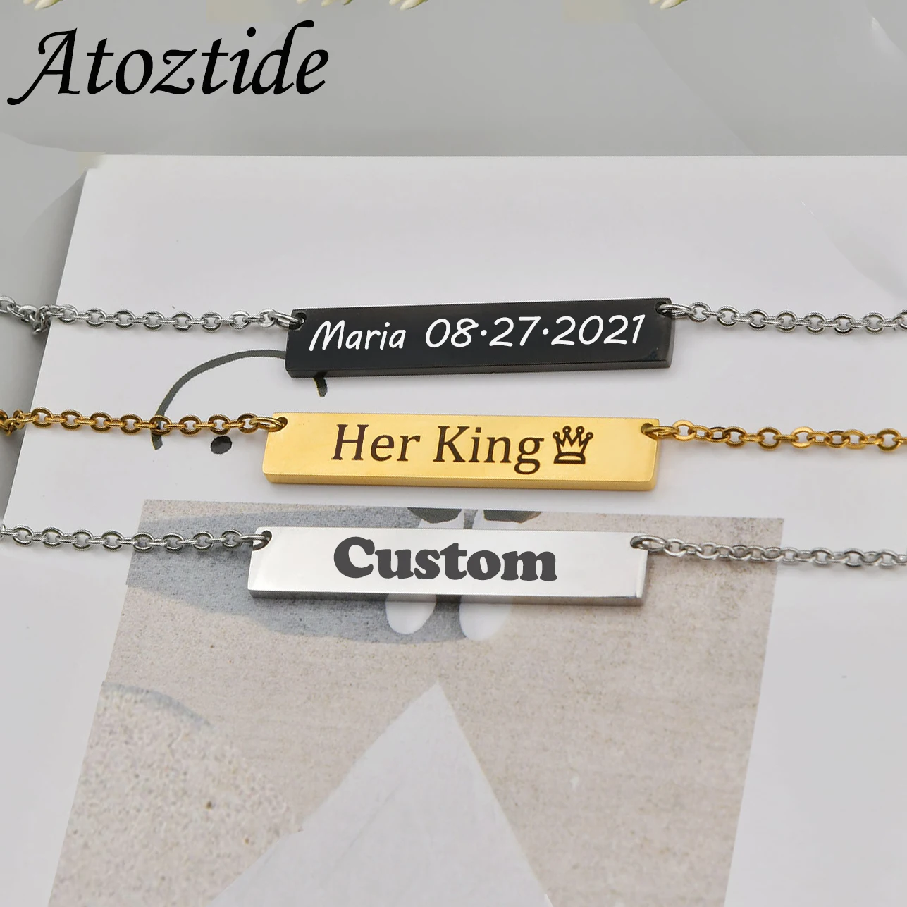 Atoztide Personalized Name Bar Necklace For Women Stainless Steel Link Chain Engrave Date Letter Nameplate Birthday Jewelry Gift