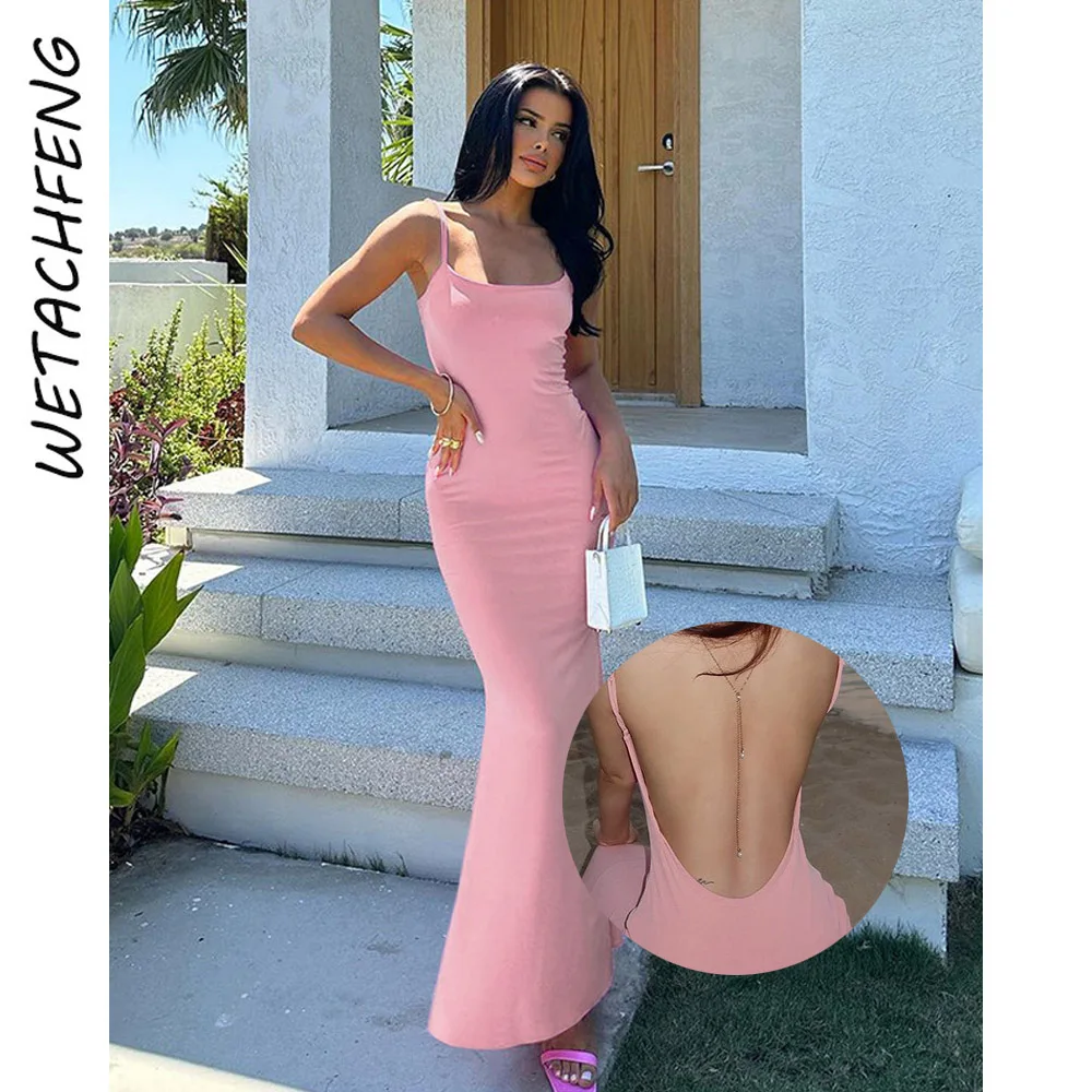 Slim fit rosa deslizamento vestido com decote em u sem costas plissado vestido longo elegante bodycon vestido de noite verão casual vestido de praia roupas femininas