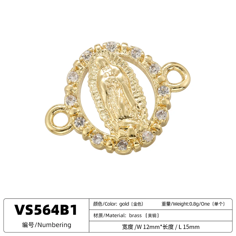 ZHUKOU Golden-plated Brass Catholic Virgin Mary Pendant Crafts Double Holes DIY Bracelet Necklace Accessories