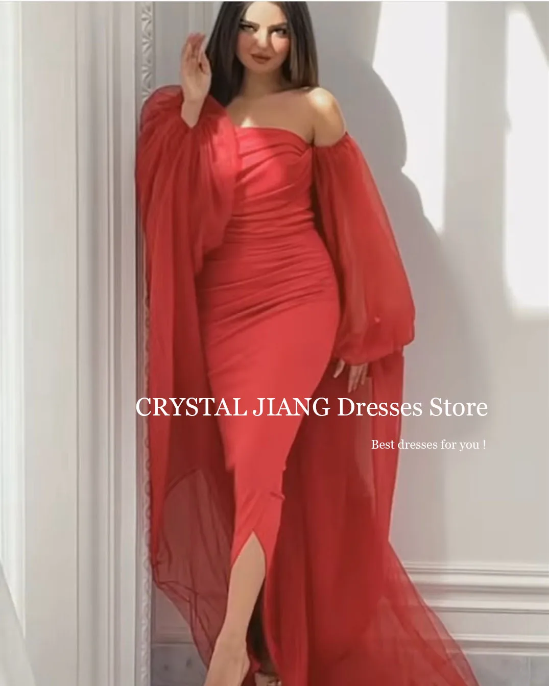 Elegant Red Long Boat Neck Evening Dresses Full Sleeves with Slit فساتين السهرة Sheath Floor Length فساتين للحفلات الراقصة