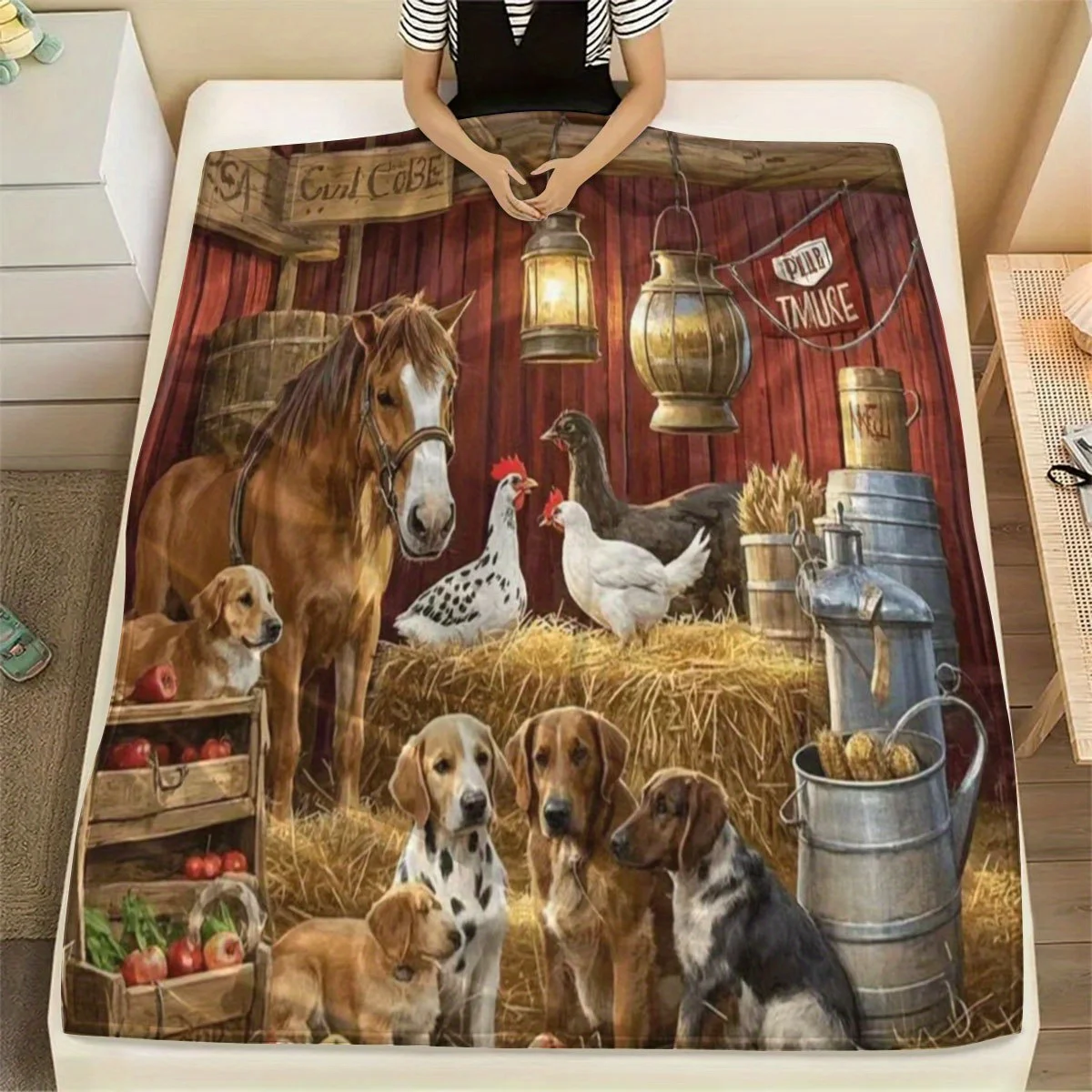 Crazy Farm Themed Flannel Blanket - Soft All-Season Cozy Throw with Vibrant Farm Animal Print (Horses, Chickens, Dogs) for Sofa,