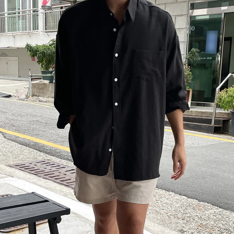 2025 Spring Fall Casual Shirts Mens Long Sleeve Buttoned Leisure Cardigan Tops For Men Trendy Solid Color Turn-down Collar Shirt