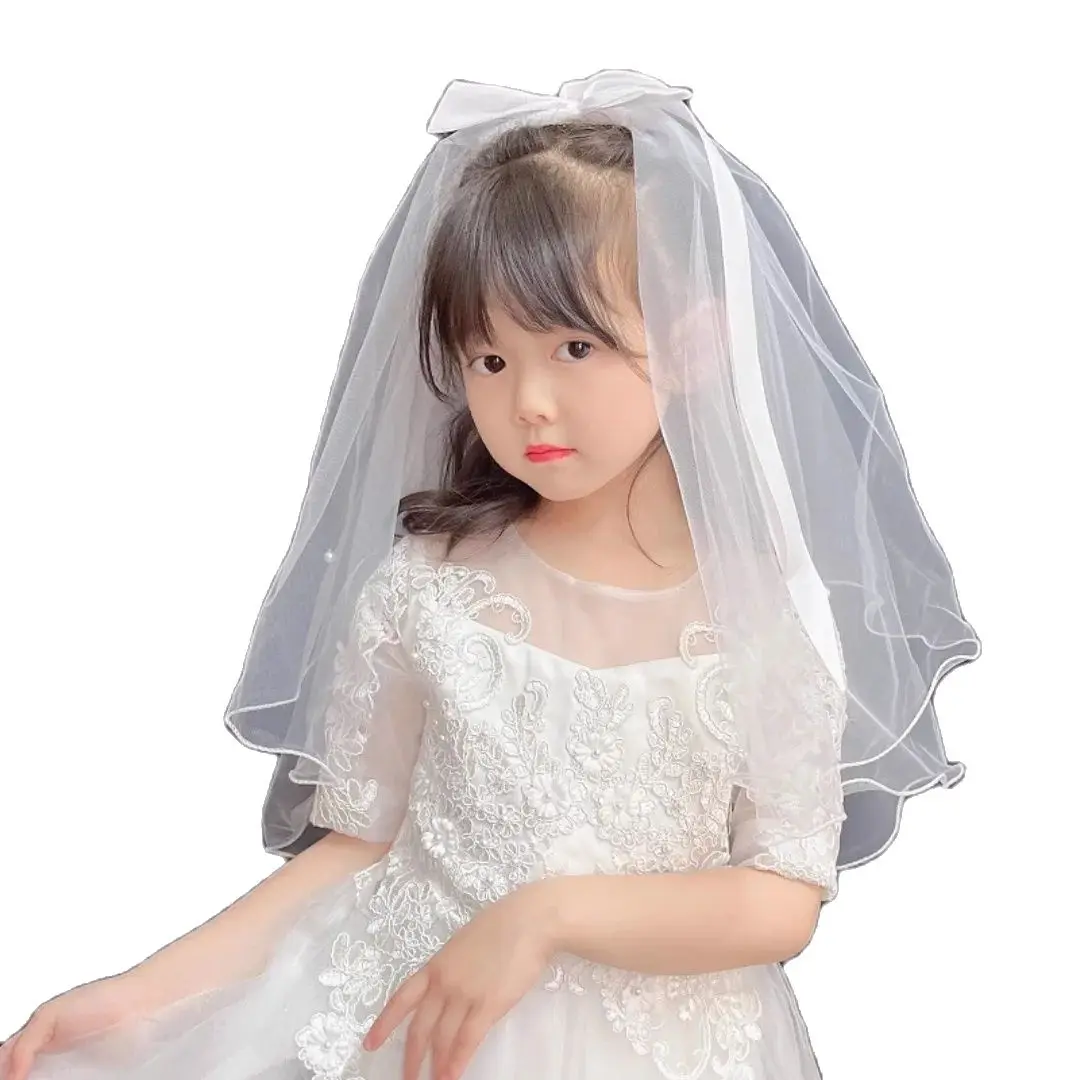 Two Layers Short Wedding Veils Pearls Tulle Kids Dolls Flower Girls Veil Bow Ribbon Edge Party VeilWedding Marriage Accessories