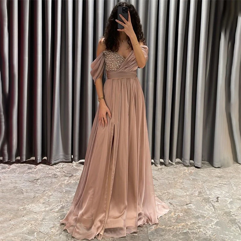 

Elegant Brown Glitter Formal Prom Dresses Off Shoulder Ruched V-Neck A-Line Pleats Evening Dress Backless Bride Party Gowns 2023