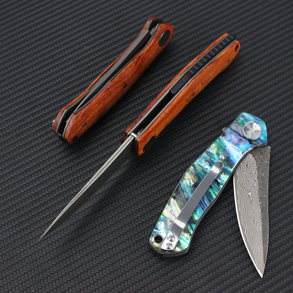 Yellow Copper Damascus Folding Knife VG10 Steel Shell/Wood Handle Outdoor Hunting Survival Camping Knives EDC Pocket Tool