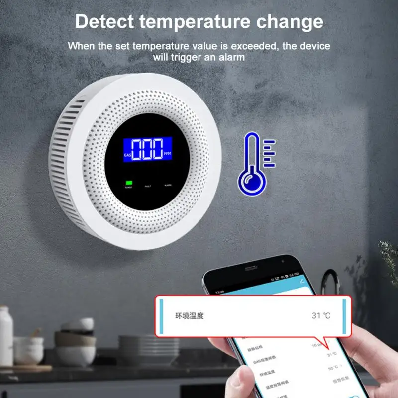 Tuya Wifi Gas Leak Sensor CH4 LPG Natural Gas Leakage Detector Alarm Fire Security Warn APP Message Push LCD Display Smart Life