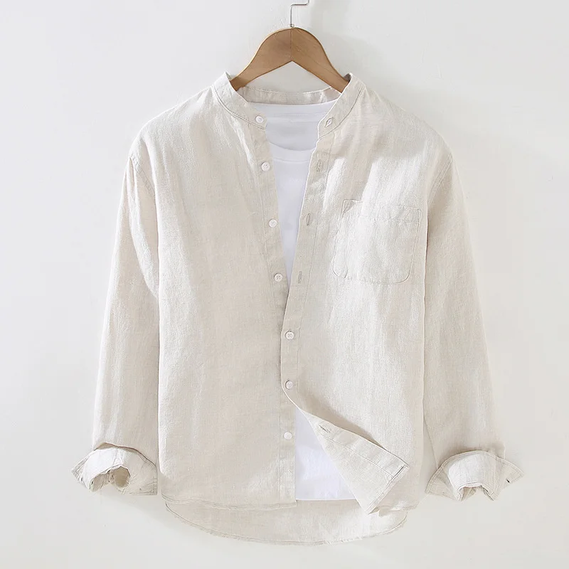 

New Casual Men's Linen Shirt Sold Color Versatile Comfortable Chinese Style Standing Collar Vintage Linen Shirt for Man