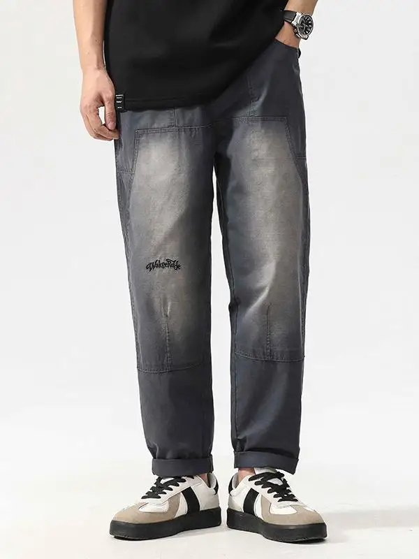 

Мужские джинсы в американском стиле, свободного прямого кроя, со средней посадкой, с машинной вышивкой, черно-серые, повседневные, износостойкие брюки