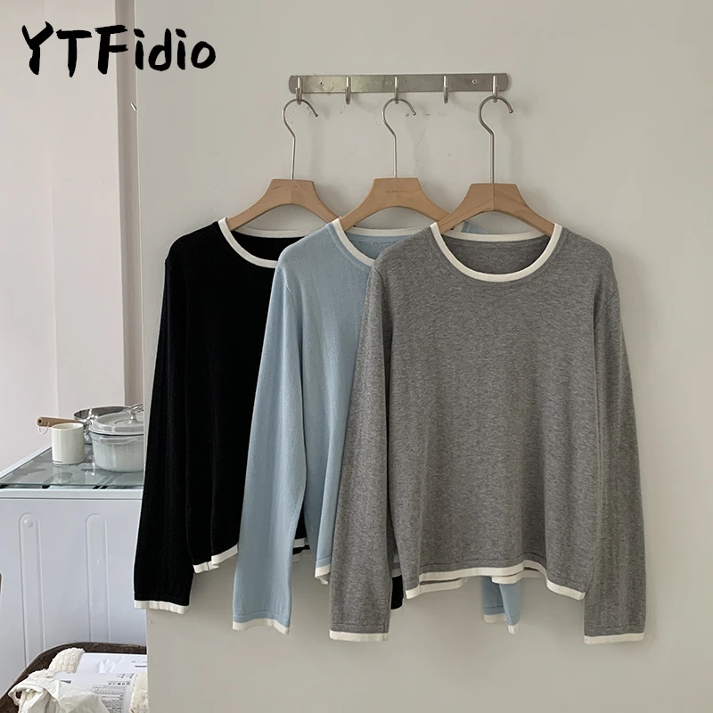 YTFidio 100% Cotton Women O-neck Color blocking long sleeved shirt plus size clearance sale luxury brands high quality 244