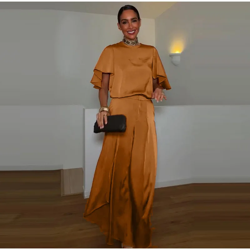 O-Ausschnitt Kurzarm Plissee-Oberteil Hosen-Sets Damen Streetwear Einfarbige Lose Blusen-Oberteile Unregelmäßige Weite Hosen Schicke Damen-Outfits – Detail 10