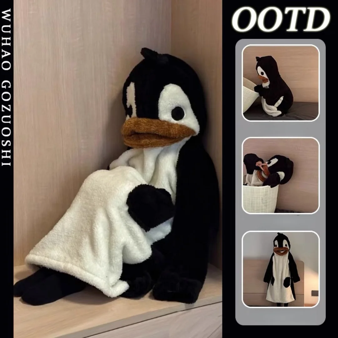 Милая пижама с капюшоном в виде пингвина, зимняя домашняя одежда с мультяшными животными, длинная ночная рубашка, коралловый флисовый халат, рождественские подарки для женщин и мужчин