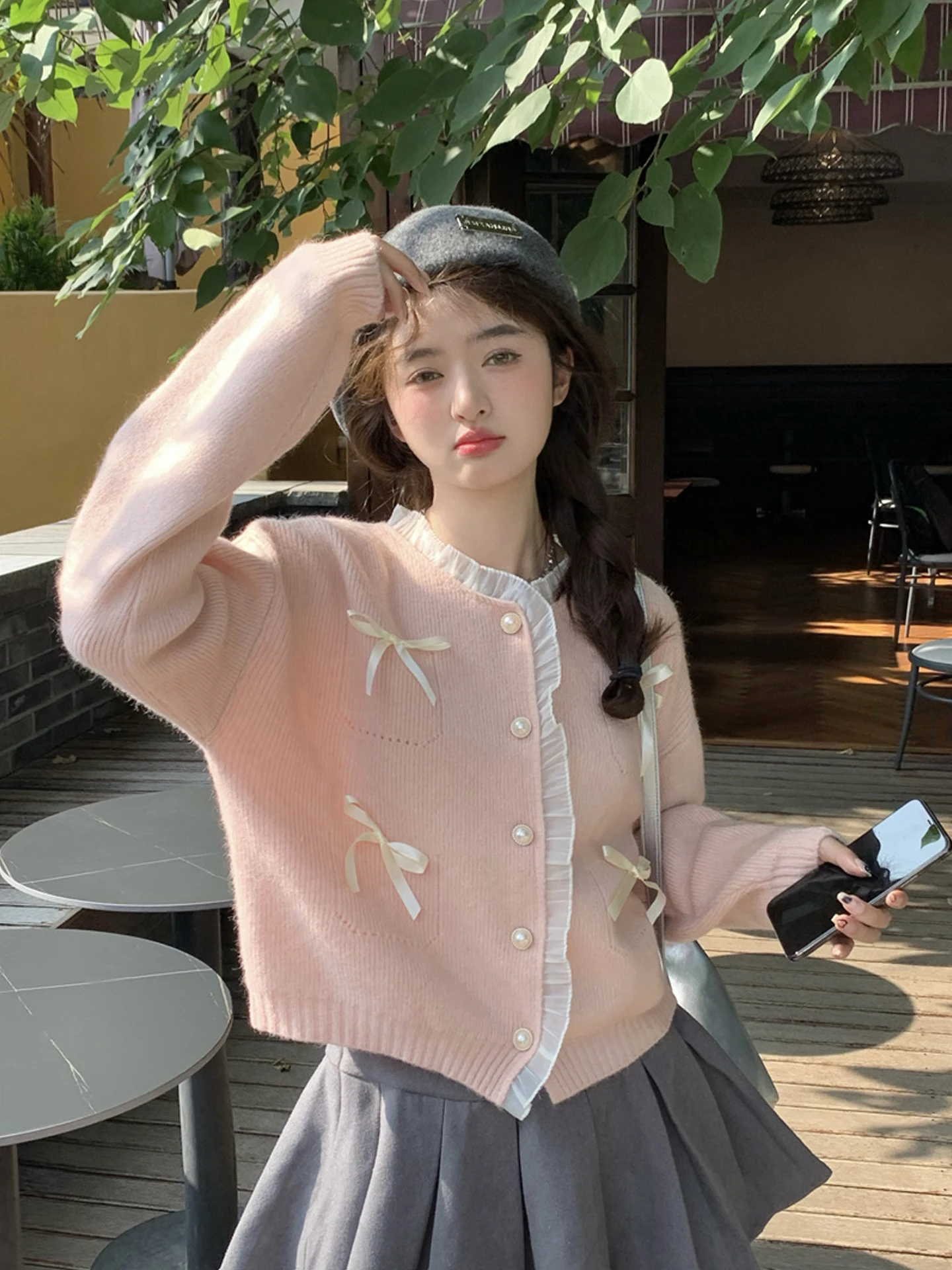 Pink round Ne Knitted Sweater Coat Women's Autumn Winter ort Design Sense Outerwear Knot ort Knit Top