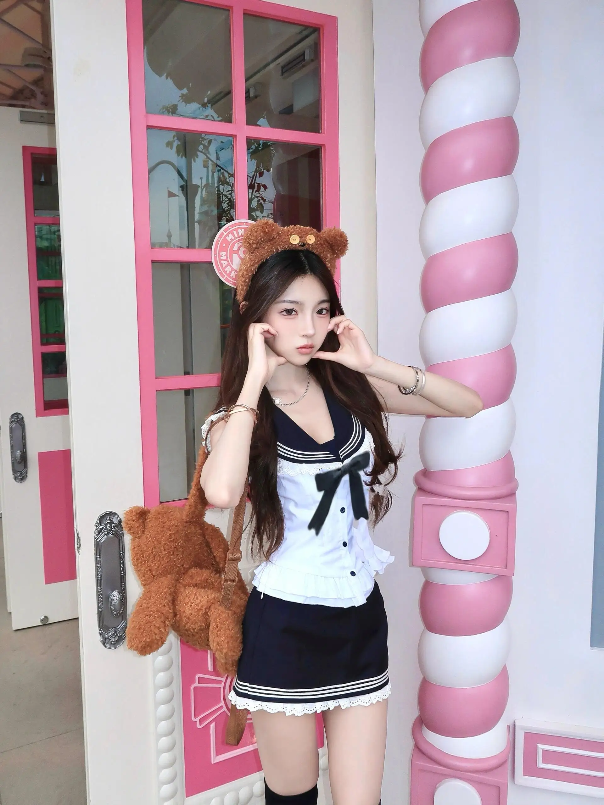 

Korean College Style Set Sweet Spicy Navy Collar Knot Waist Cinched Shirt Top Matching Set Short Sleeve Shor...