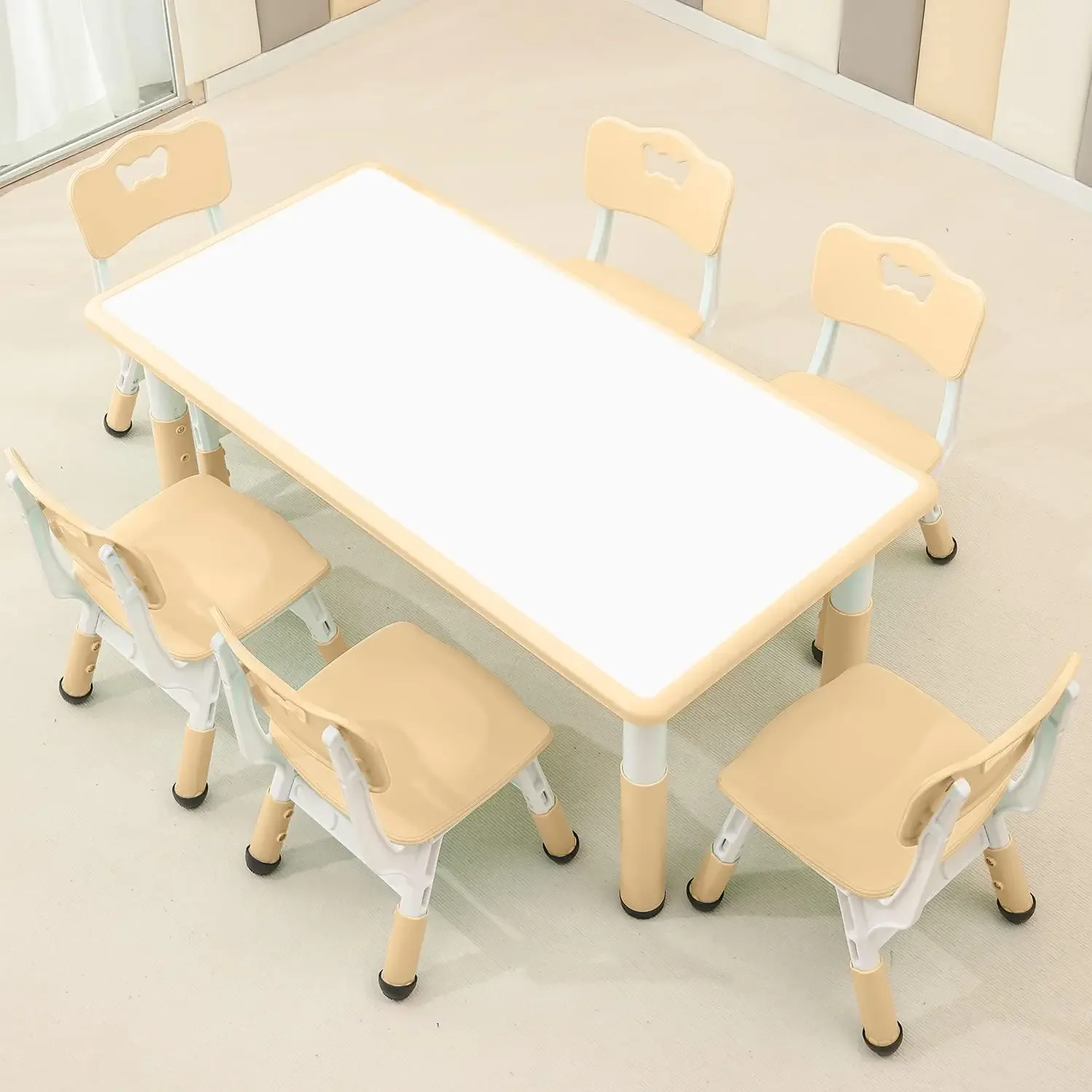 Children's Table and Chair Set Suitable for Boys and Girls Age 2-12 Height Adjustable Table top Can be Painted with 6 Seats