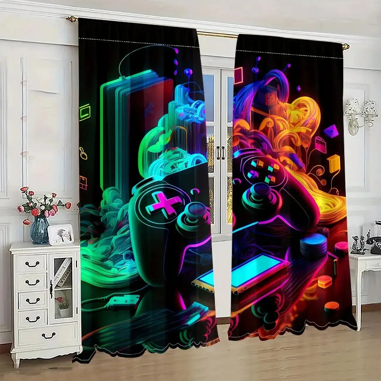 VIKAMA 2-Piece Neon Game Machine Curtains For Living Room, Boys' Bedroom, Window Rods Made Of Durable Polyester