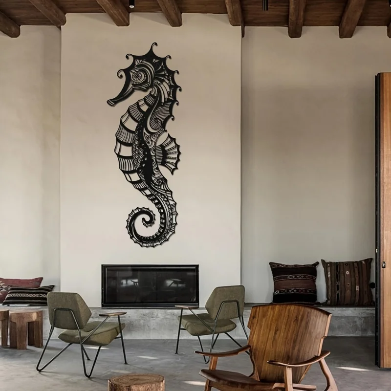 Large seahorse metal wall decoration - Modern minimalist coastal decoration, suitable for living rooms and offices.