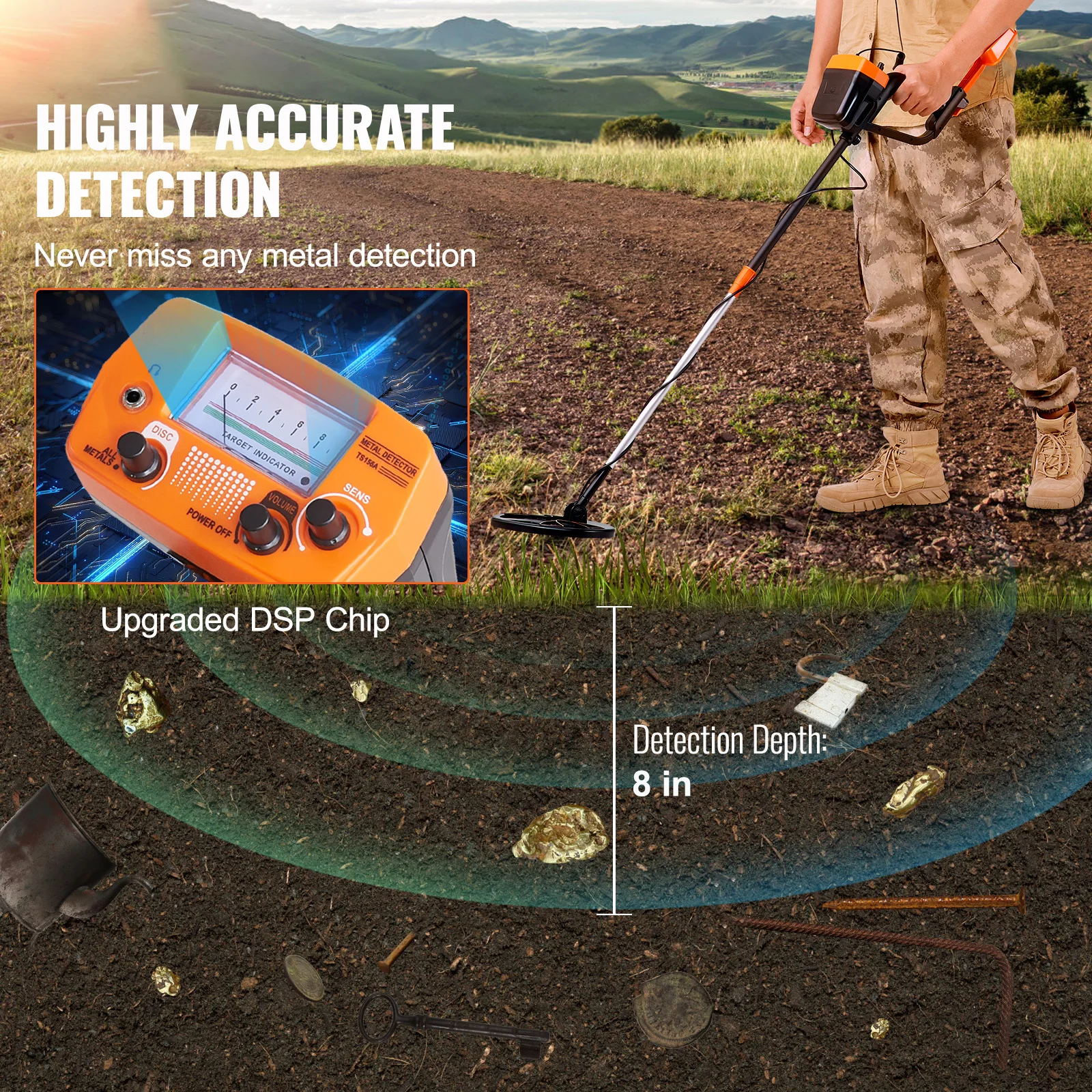 Metal Detector for Adults & Kids, 8 Inch Waterproof Search Coil with High Accuracy Pointer Display, Adjustable 38''-49'' Gold Detector, Lightweight Aluminum Stem for Detecting Gold Treasure