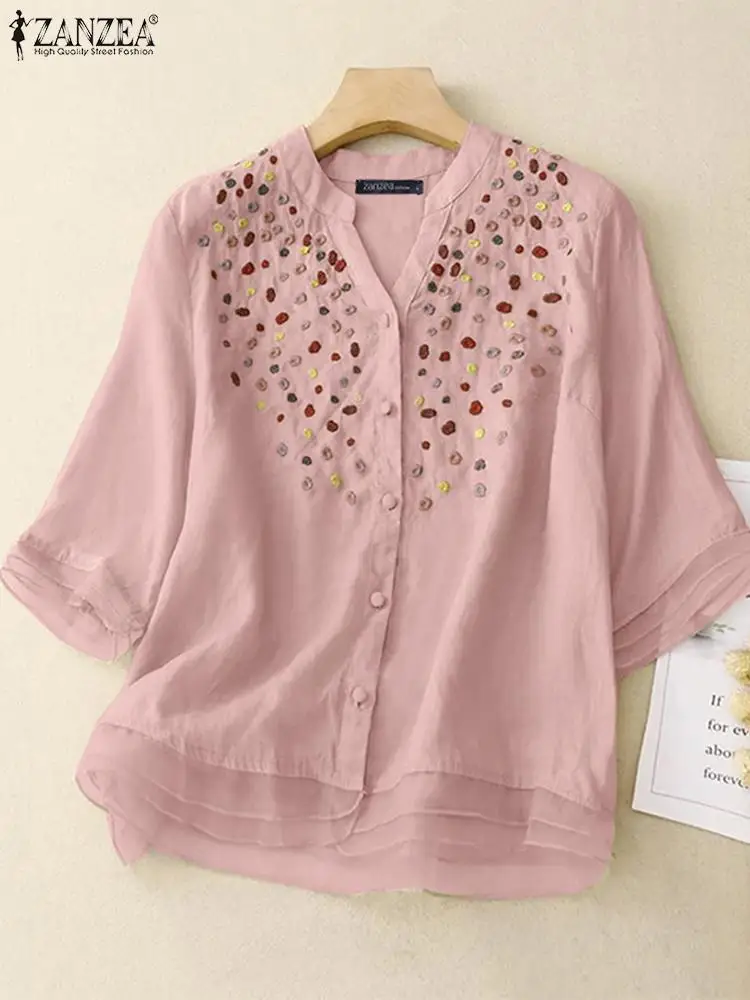 

ZANZEA Women Floral Embroidery Blouse Casual Loose Half Sleeve Shirt 2024 Summer Buttons Tunic Fashion Patchwork Holiday Blusas