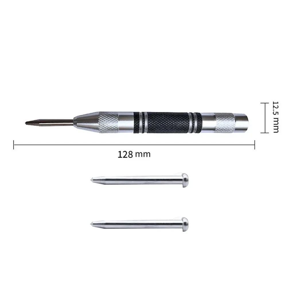 Automatic Center Punch With 2 Pcs Spare Punch Black Silver Dot Punch Spring Loaded Tool Adjustable Woodworking