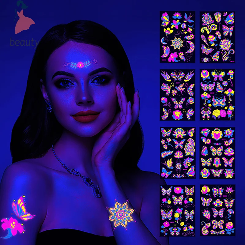 1Sheet Butterfly Fluorescence Face Tattoo Temporary Tattoos Waterproof Makeup Decals For Girls Party Music Art Festival