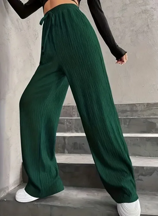 Autumn Fashion New Women 2023 Casual Drawstring High Waist Wide Leg Pants Solid Color Pocket Commuting Style