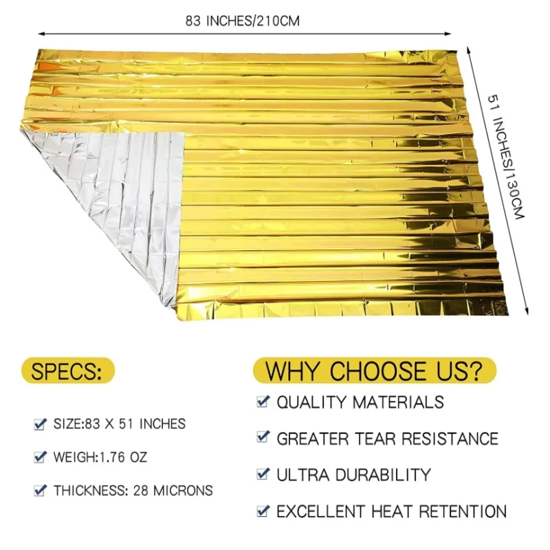 130x210cm Heavy‑Duty Mylar Foil Emergency Blanket, Gold‑Silver Thermal Reflective Insulating Survival Rescue Blanket for Camping
