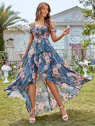 Mgiacy Off-the-shoulder short front long elegant floral chiffon dress dress