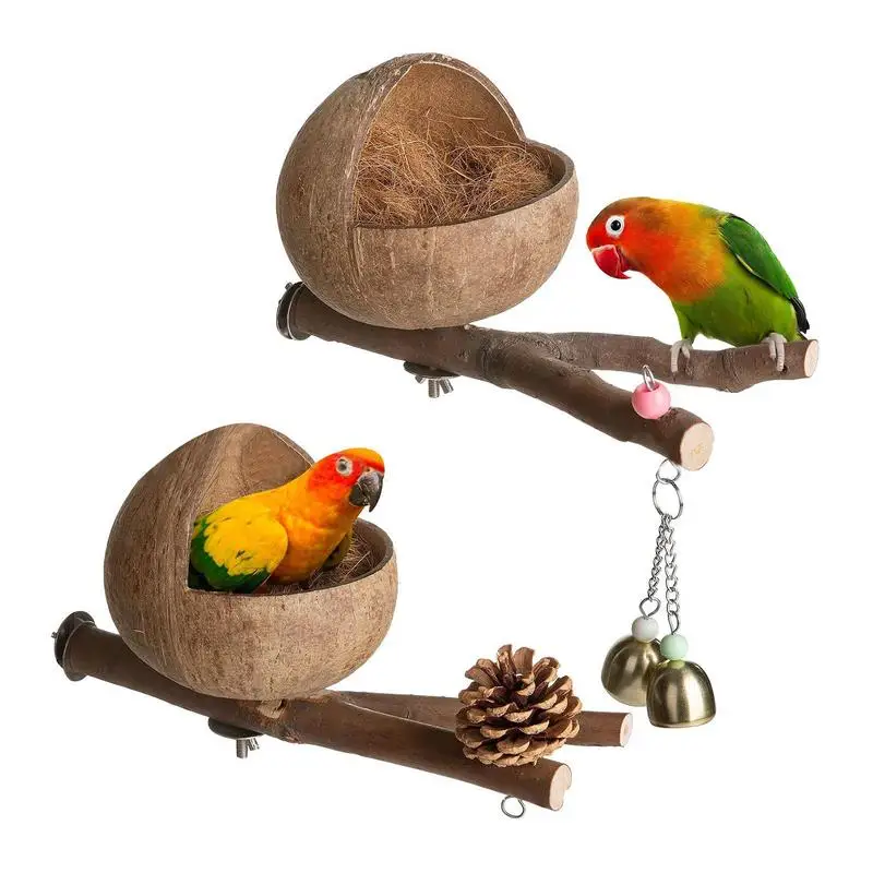 Bird Coconut Hut Bird Hideaway Nest Hut Cage Coconut Shell Nest with Shredded Coconut Comfortable Parakeet Nesting Box