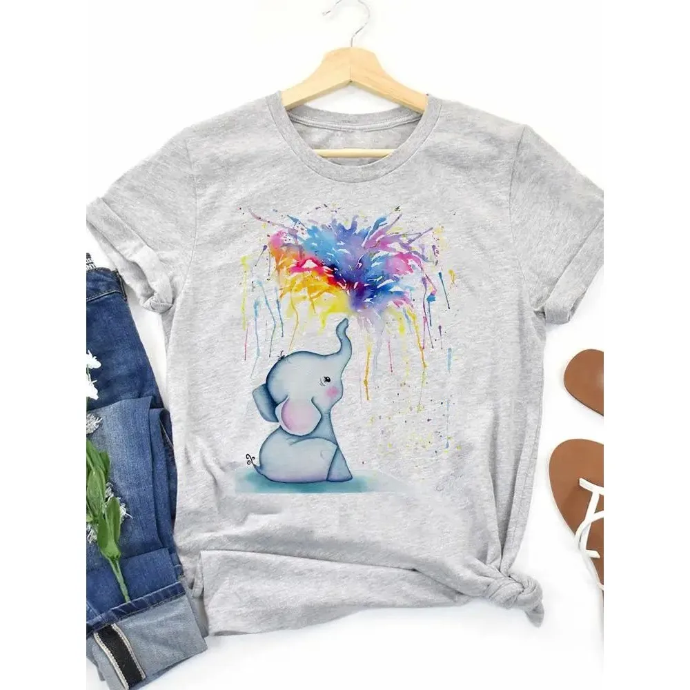 Camisetas con Estampado de Elefante, Ropa para Mujer, Estilo Cleanfit, Manga Corta, Tela de Lino, Otro Material
