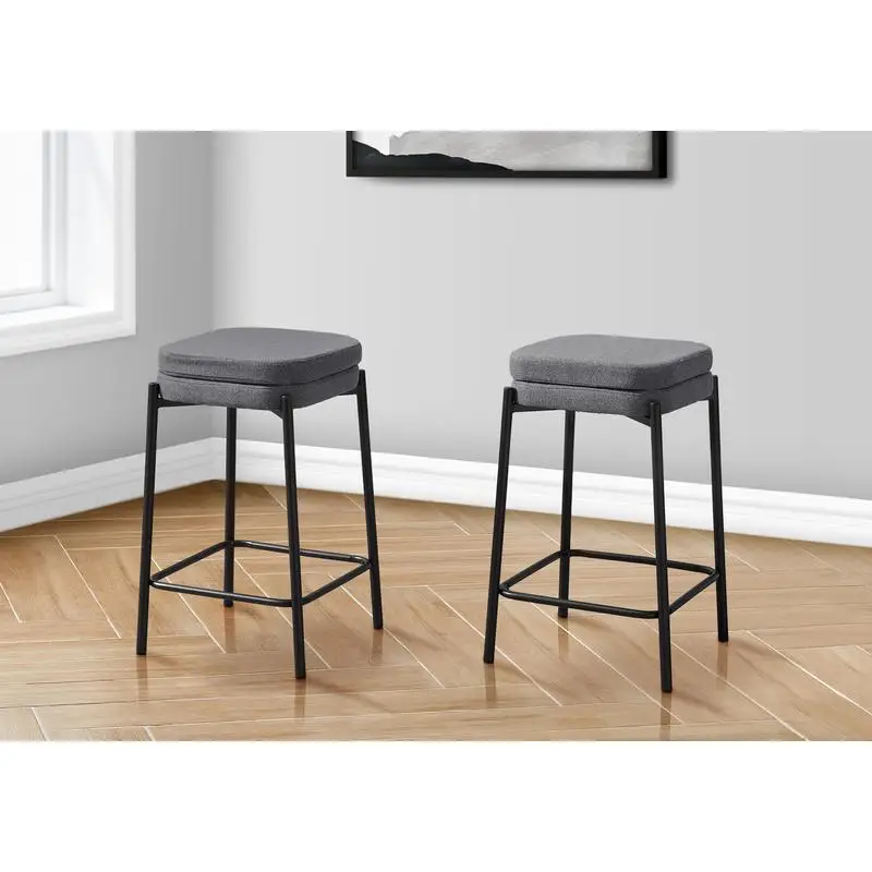 Set of 2 Contemporary Counter Height Barstools, Grey Fabric, Black Metal, Modern Kitchen Seating