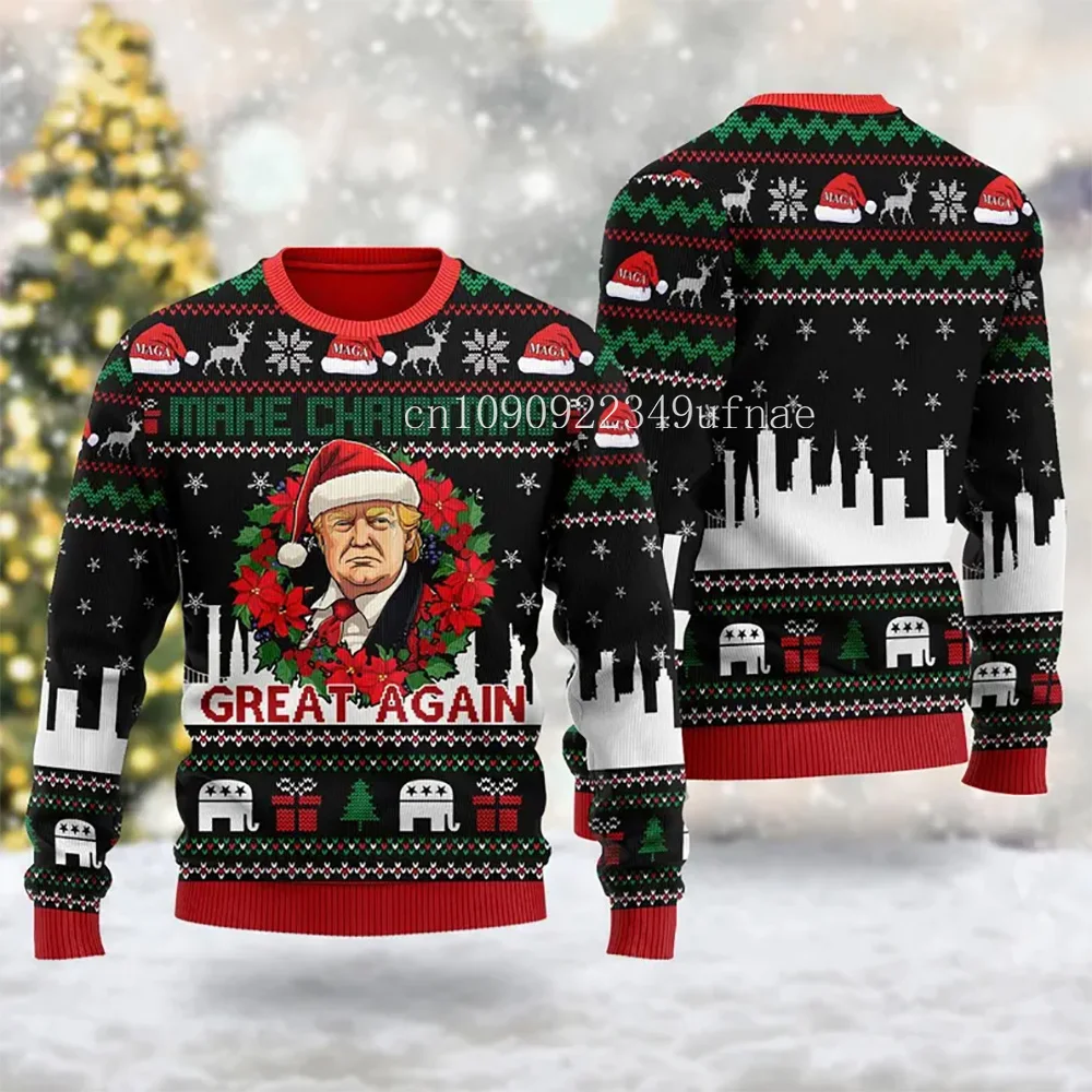 2025 Donald Trump Christmas Ugly Sweater Men's and Women's Crew Neck Pullover 3d Funny Red Hat Pattern Christmas Fashion Sweater