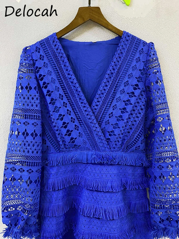 Delocah – robe de soirée mi-longue pour femmes, de haute qualité, à manches lanternes, bleu, ajouré, avec pompon, garniture de gâteau, automne