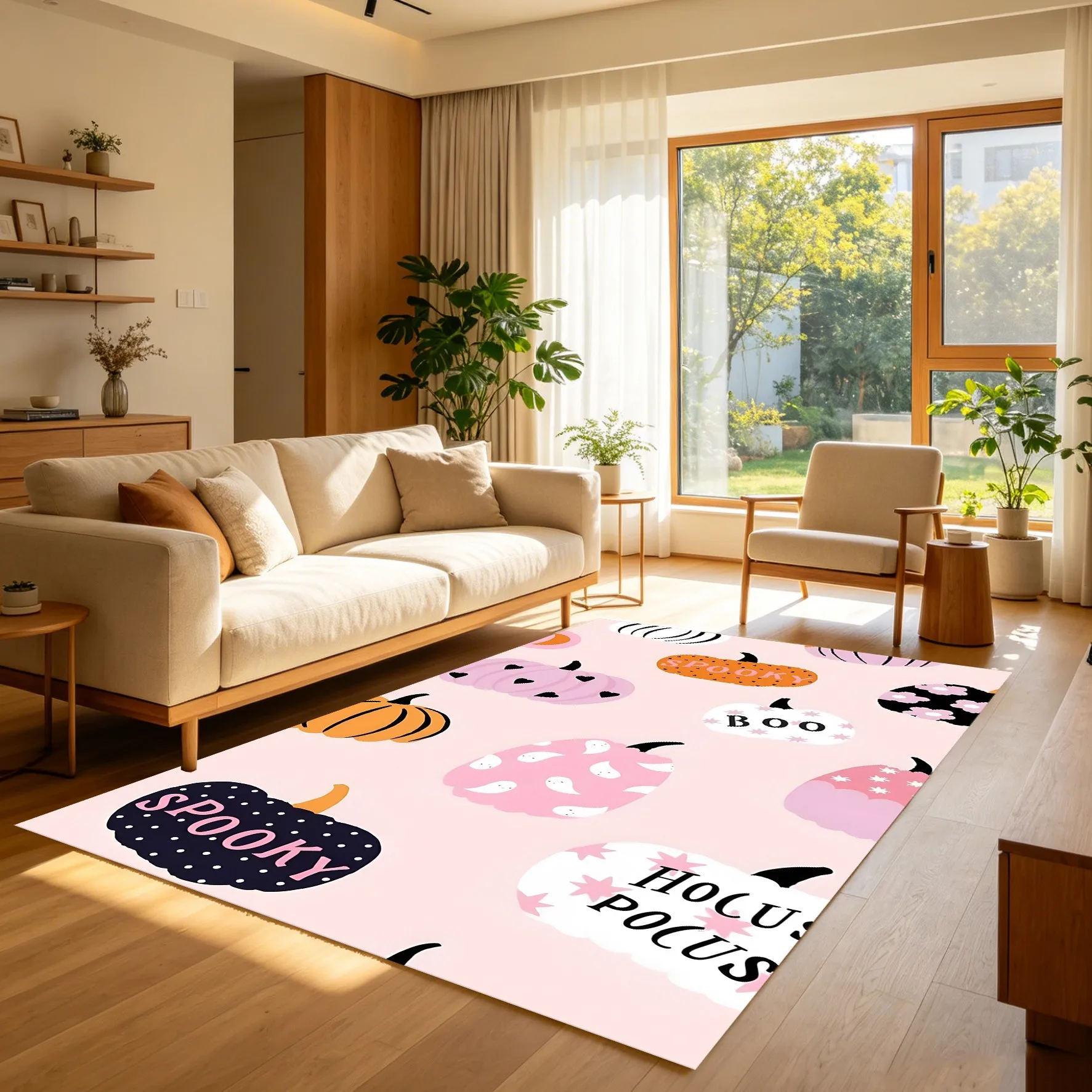 2D Carpet Pink Pumpkin Accents Spooky Slogan Creates Sweet Cute Eye Catching Halloween Atmosphere
