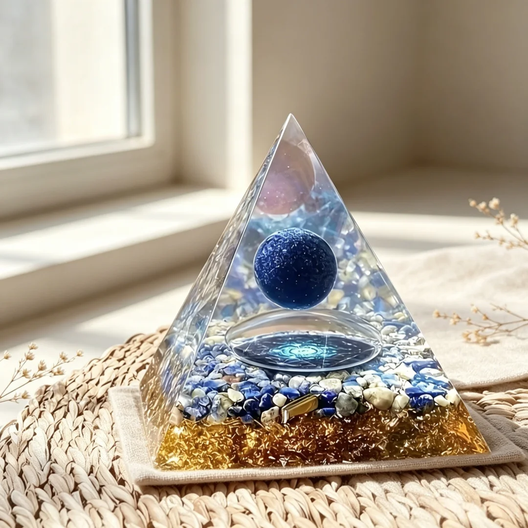 Orgone Pyramid with Lapis Lazuli Sphere Energy Generator Reiki Healing Crystal Pyramid for Positive Energy Meditation Home Decor