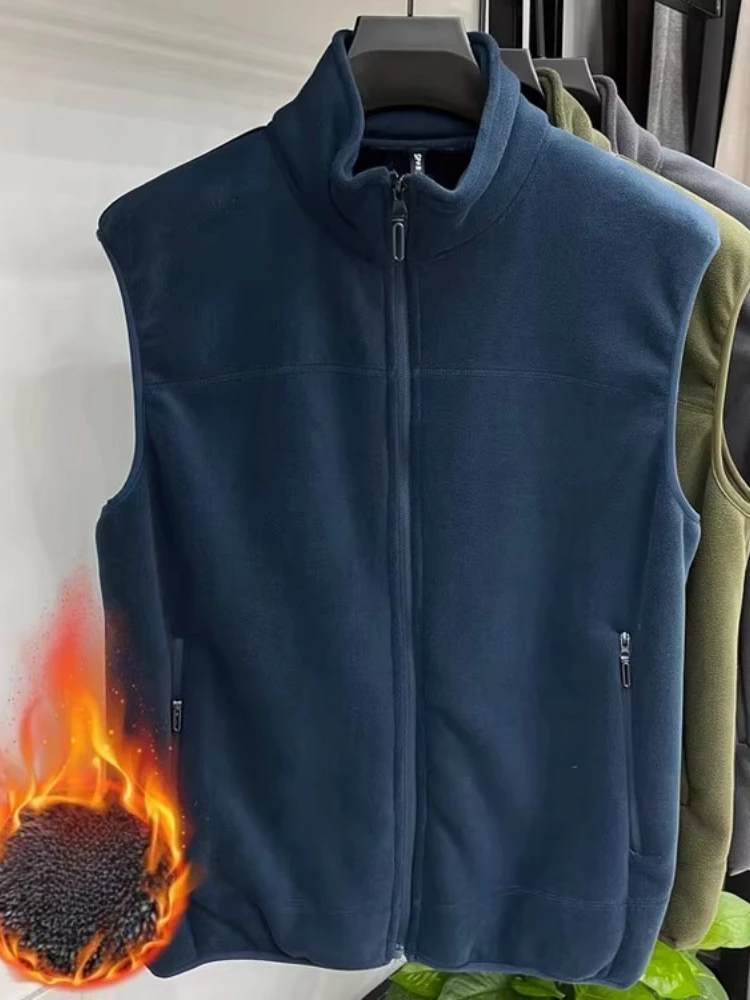 

Winter Polar Fleece Vest Men Double-Sided Thickened Stand-Collar Zip-Up Jacket Warm Sleeveless Outerwear Fleece Gilet Coat