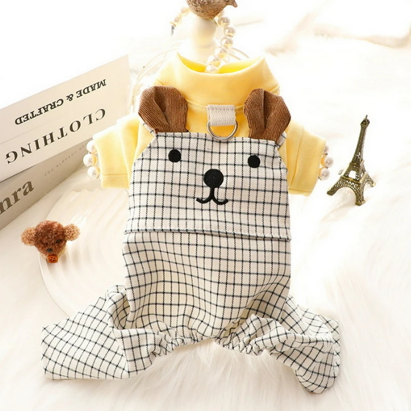 Cat and Dog Dress Autumn New Pet  Clothing Traction Buckle Black Grid Dress Fake Two Pieces Yellow Strap Pants Pet Jumpsuit