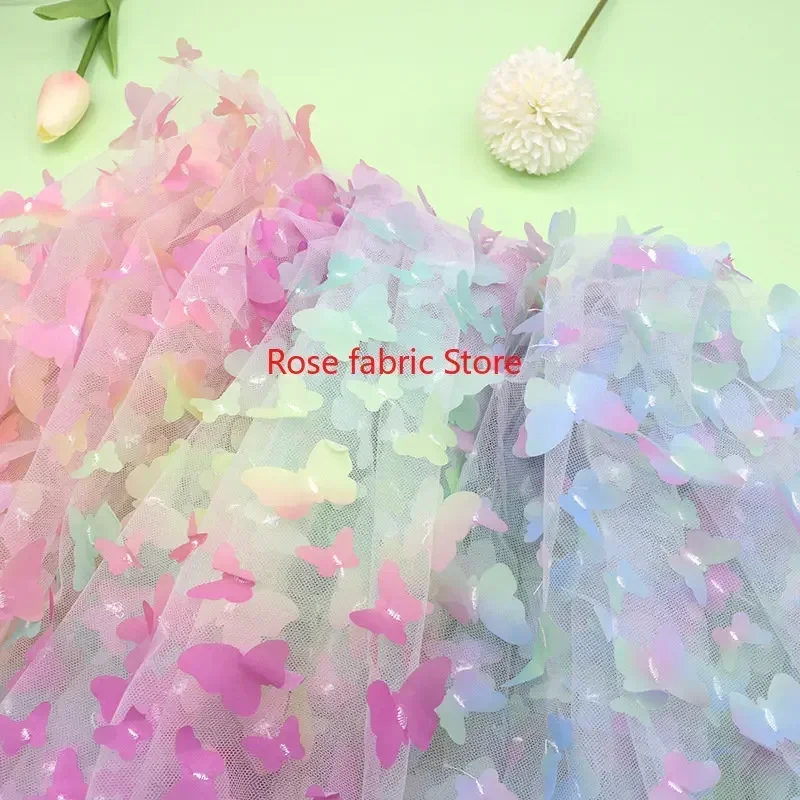 

3D butterfly embroidered lace fabric rainbow gradient butterfly mesh tulle For Wedding dress Party Dress Girl Dress Prom Gown