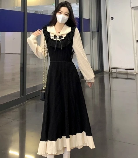 Duży Rozmiar Koreańska Jesienno-Zimowa Sukienka w Stylu Francuskim, Udająca Dwuczęściową, Elegancka, Odmładzająca, z Długim Rękawem, Słodka Sukienka w Japońskim Stylu