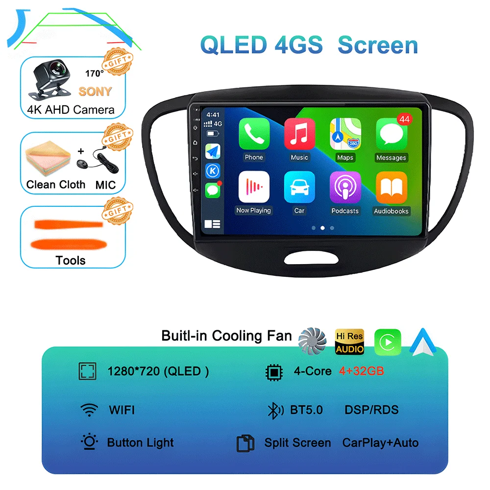 Android 16 Carplay Auto autoradio voor Hyundai I10 2007 - 2013 CarPlay Auto GPS Recorder Multimedia videospeler 4G+WiFi DSP