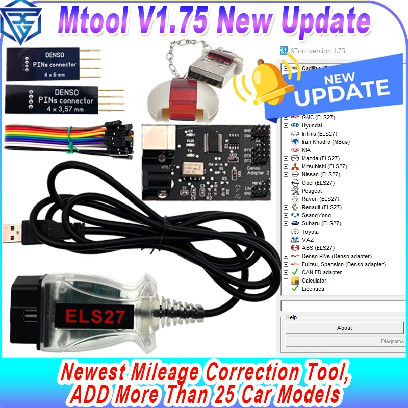 MTool V1.75 Rollback Programmer Mileage KM Adjustment Software Dongle Denso Adapter Denso Pin Wire Cable Mileage Correction Tool