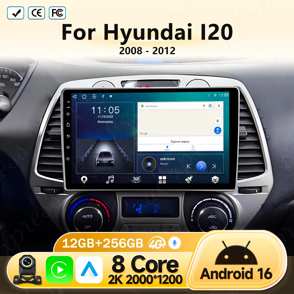 

Android 16 Carplay For Hyundai i20 2008 2009 2010 2011 2012 Car Radio Stereo Multimedia Video Player DSP GPS 4G WIFI QLED Screen